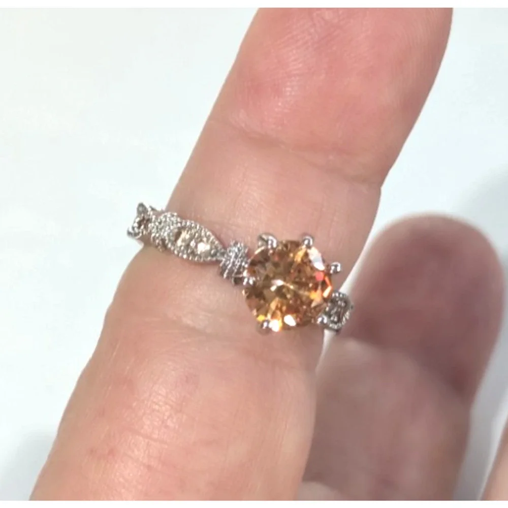 Amber Glass Round Rhinestone Silver Tone Ring Size‎ 7 Ornate R-TN20